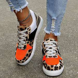 Women color block lace up sneakers leopard print shoes