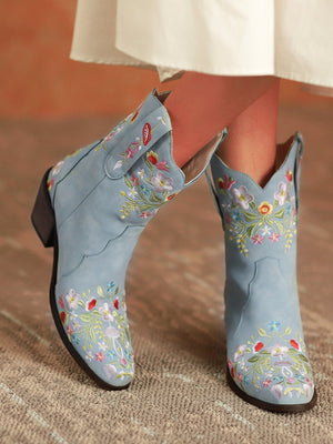 Women cowboy boots | Embroidered flower chunky heel short boots | Square toed blue boots