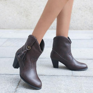 Women fringe short slip on chunky heel boots