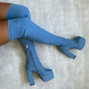 Women thigh high boots denim side zipper chunky heel platform boots square toed