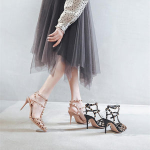 Women pointed toe hollow slingback stiletto high heel studded heels