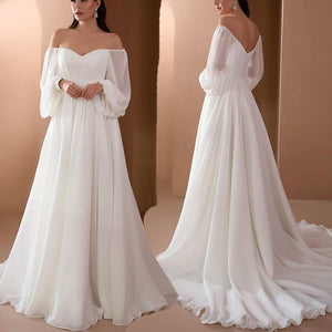 White boat neck cold shoulder floor-length wedding dress | Longs lantern sleeves maxi dress summer party dress