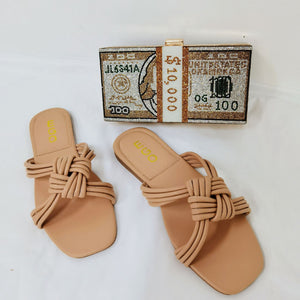 Women woven criss cross strap square toe flat slide sandals