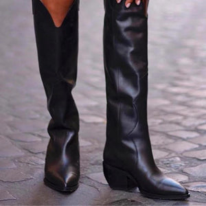 Women pointed toe chunky heel black knee high boots