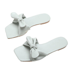 Women bowknot square peep toe summer flat slide sandals