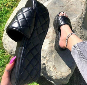 Women grid strap peep toe chunky platform slide sandals
