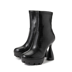 Women black shor crocodile embossed chunky heel side zipper platform boots