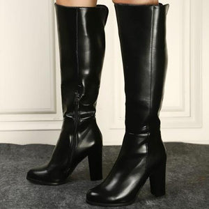 Women knee high side zipper chunky heel black boots