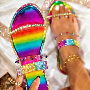 Women summer colorful rhinestone strap flat slide beach sandals