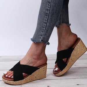 Women peep toe criss cross strap slide wedge sandals