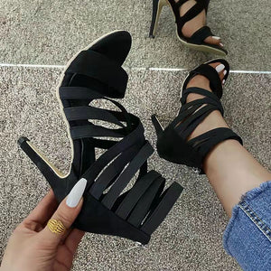 Women black high heels peep toe hollow stiletto heels with back zipper