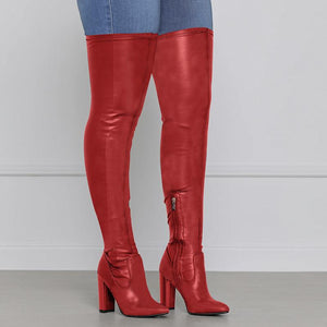 Women sexy pointed toe chunky heel over the knee boots