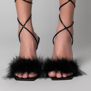 Women fur peep toe clear high heel strappy lace up heels