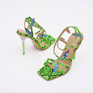 Women clear high heel peep toe green strappy snakeskin heels