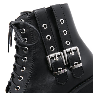 Women motorcycle platform lace up side zipper short black boots