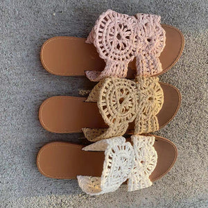 Women cute flower woven one strap flat slide sandals