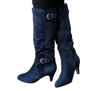 Women kitten heel buckle strap knee high boots