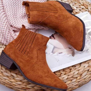 Women brown short chunky heel pointed toe chelsea boots