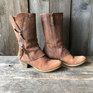 Women new fashion chunky heel zipper mid calf brown boots
