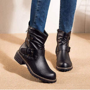 Women buckle strap chunky heel side zipper short boots