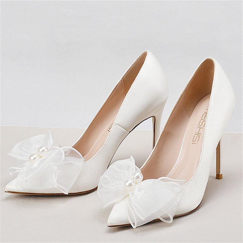 Women white rhinestone silk bowknot pointed toe stiletto high wedding heels