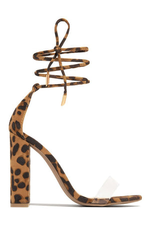 Women leopard criss cross strappy peep toe lace up chunky heels