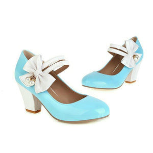 Women bowknot rhinestone strap closed toe slip on chunky heels