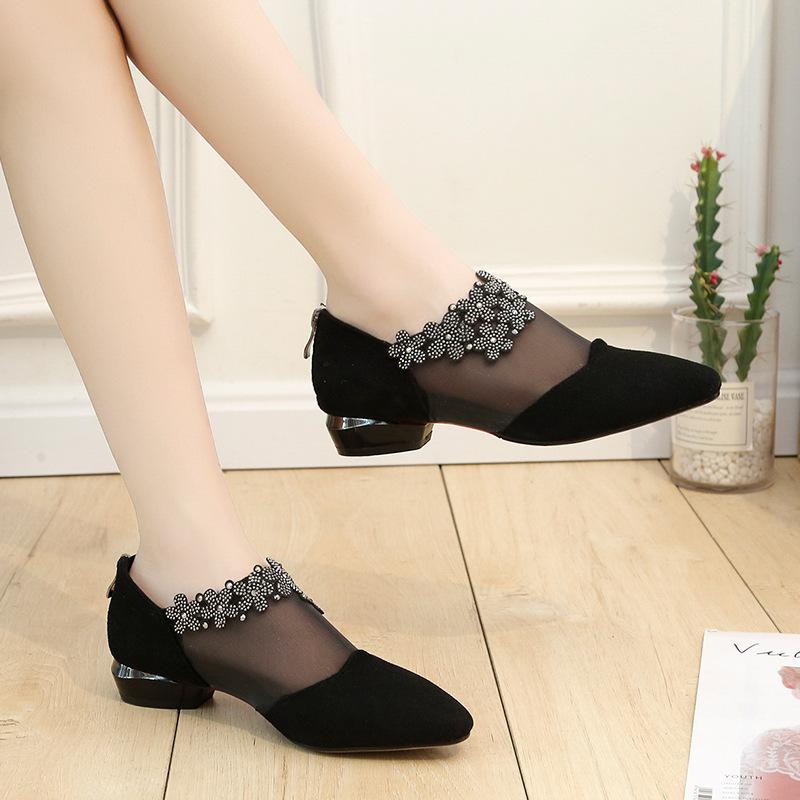 Women's crystal flower black lace mesh low heel sandals for wedding