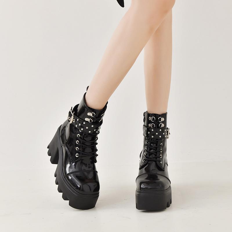 Women buckle strap lace up chunky platform short black boots