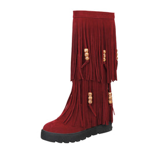 Women winter knee high flat slip on fringe boots