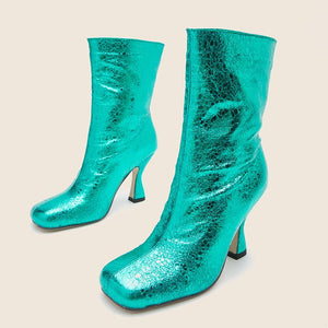 Women mid calf sequin stiletto high heel square toed boots