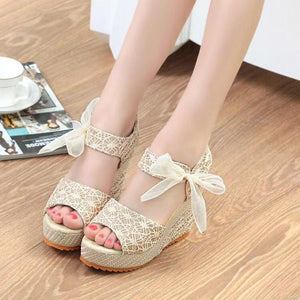 Women summer fashion flowers lace bowknot peep toe wedge sandals