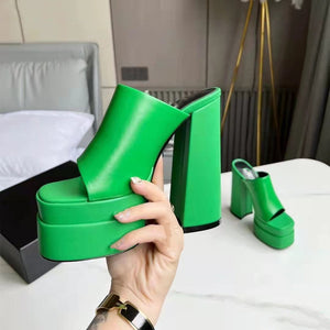 Women suqare peep toe chunky high slide platform heels
