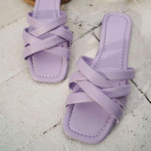 Women casual outdoor square toe strap hollow flat slide sandals