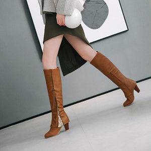 Women new fashion side zipper chunky heel knee high boots