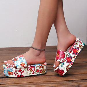 Women color block flower peep toe slide platform sandals