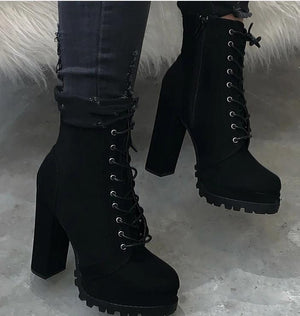 Women black chunky heel platform lace up side zipper combat boots