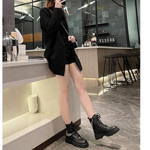 Women chain d¨¦cor chunky platform lace up short motorcycle boots
