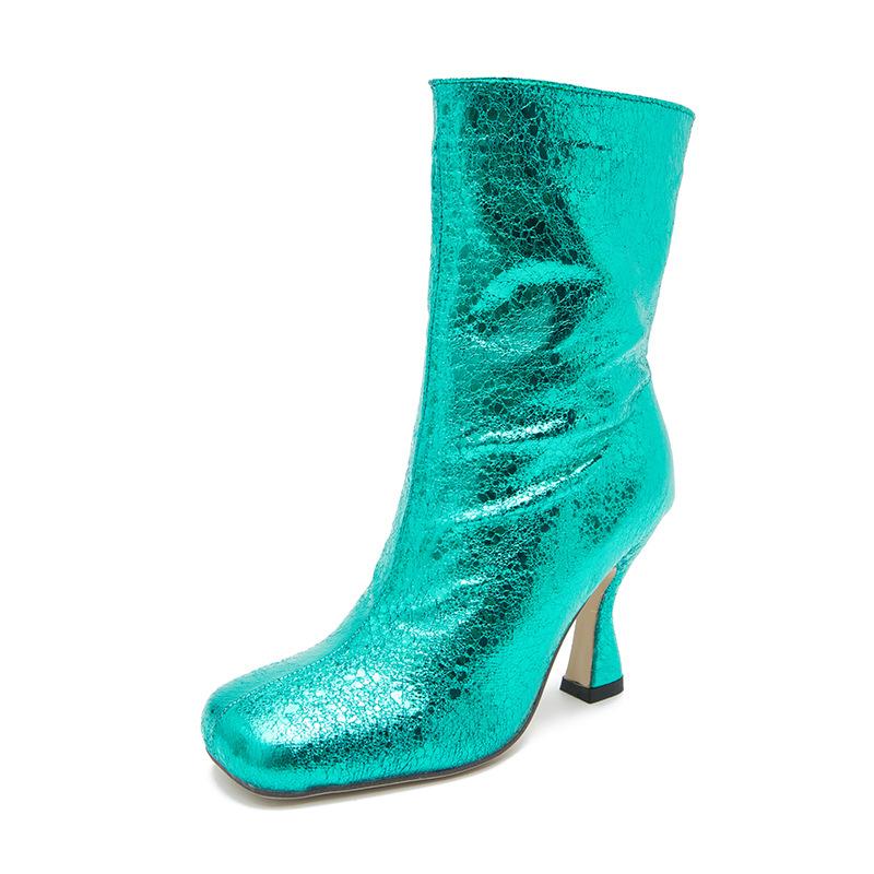 Women mid calf sequin stiletto high heel square toed boots