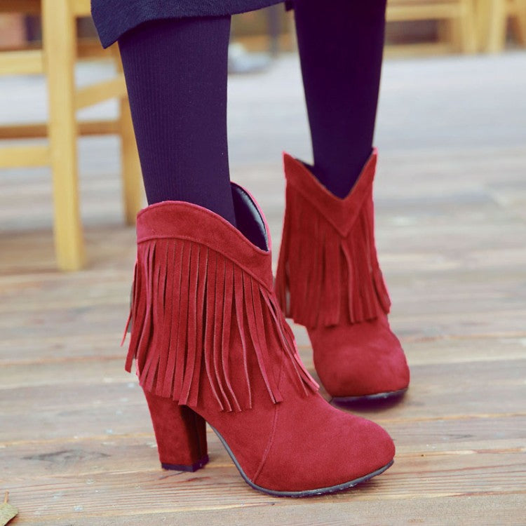 Women chunky high heel pointed toe short fringe boots