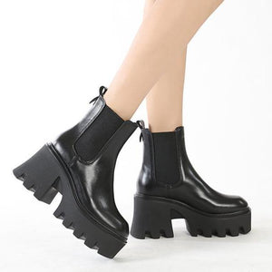 Women chunky platform slip on black chelsea boots