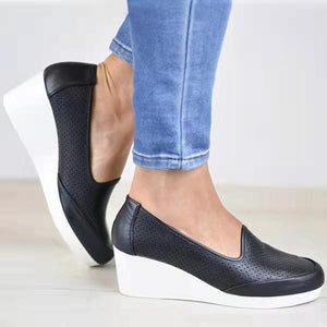 Women fashion casual round toe shallow slip on wedge chunky heel loafers