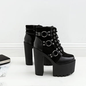 Women platform chunky heel lace up prom punk black boots