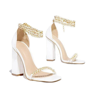 Women rhinestone chain strap side cut peep toe chunky heels