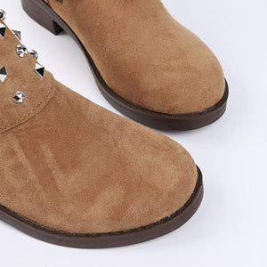 Women studded buckle strap chunky heel slip on short boots