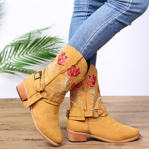 Women flower embroidered buckle strap short medium chunky heel boots