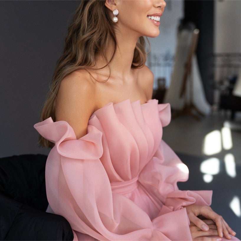 Summer sweet pink ruffles cold shoulder long dress | Prom party A-line large swing dress