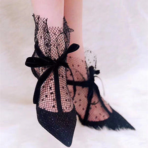 Women black high heels lace flower pointed toe stiletto heels