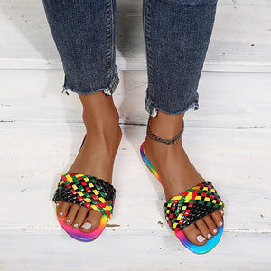 Women woven colorful strap flat slide summer beach sandals
