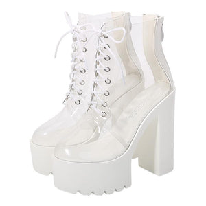 Women transparent lace up block high heel platform boots